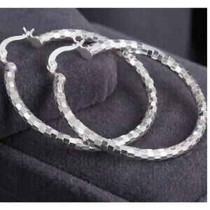 925 Stamp Silver Color 40CM Lattice Pattern/Disco Ball Hoop Earrings very light